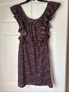 Deb Girls' Black Dress with Pink Floral Print and Ruffle Sleeves